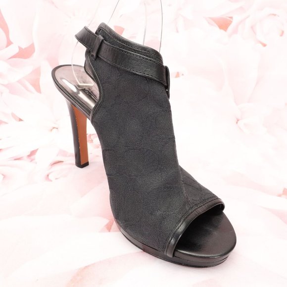 Coach Brandi Peep-Toe Bootie Heels Shoes Size 10B Black Canvas/Leather - Picture 5 of 12